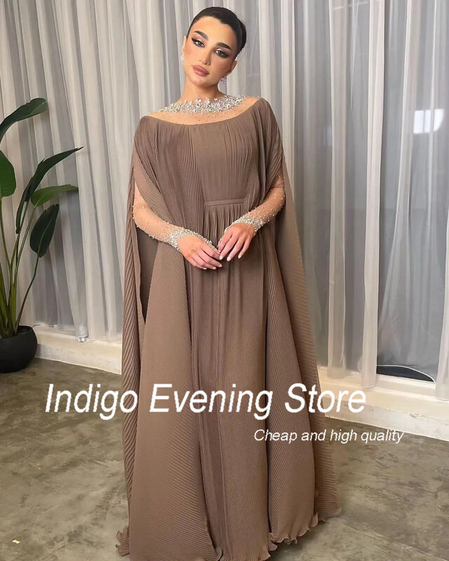 Indigo Evening Dresses O Neck Full Sleeves Tulle Bead Formal Party Dress For Women 2024 vestidos cortos de noche فساتين السهرة