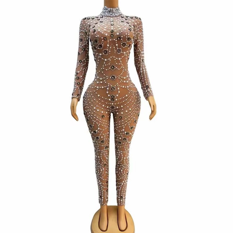 Sparkly Rhinestones Pearls Jumpsuit for Women Celebrate Party Birthday Outfit Sexy Dance Performance Costume Show Stage Wear