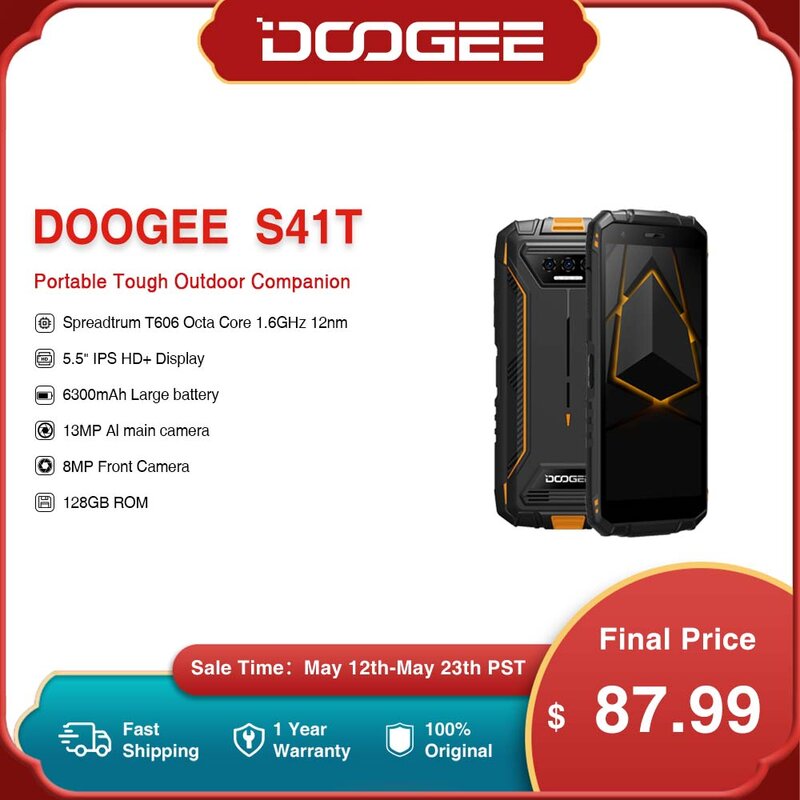 DOOGEE-S41T Rugged Android 13 Telefone, 5.5 ", IPS, HD, 13MP Câmera tripla, 8GB de RAM + 64 GB ROM, Quad Core, 6300mAh