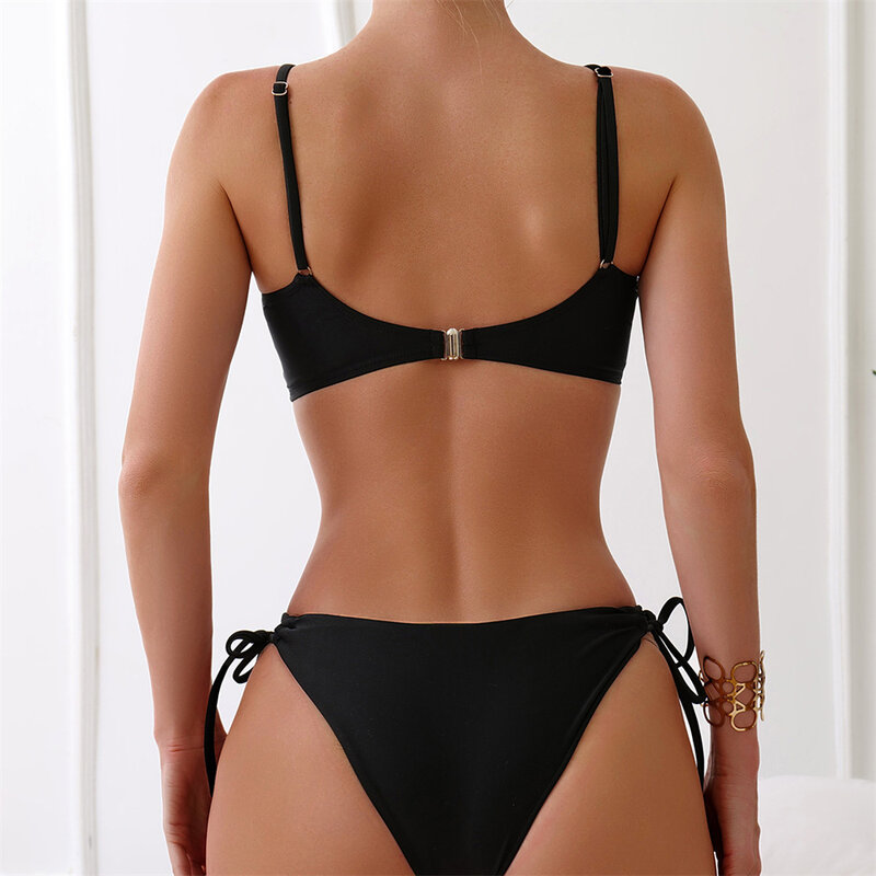 Conjunto de Bikinis negros con cordón para mujer, traje de baño Sexy con gancho en la espalda, ropa de baño brasileña de dos piezas, ropa de playa