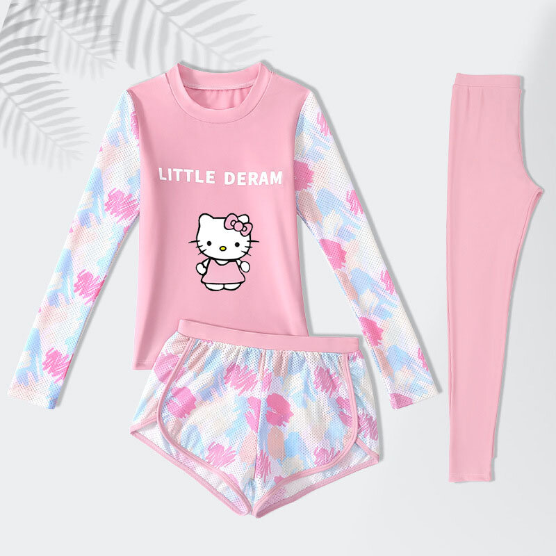 Bañador de Anime Sanrioed Hello Kittys para niñas, de 3 piezas ropa de baño, Kuromi Cinnamoroll, pantalones largos de manga larga, traje de baño para niños, regalo de protección solar