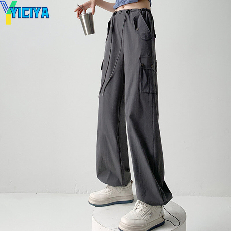 Yiciya กางเกงทรงตรงสไตล์ Y2K สำหรับผู้หญิง, กางเกงร่มชูชีพกางเกงทรงตรงยาวเต็มตัวกางเกงไฮสตรีทสำหรับใส่ได้ทั้งชายและหญิงชุดใหม่ลำลอง