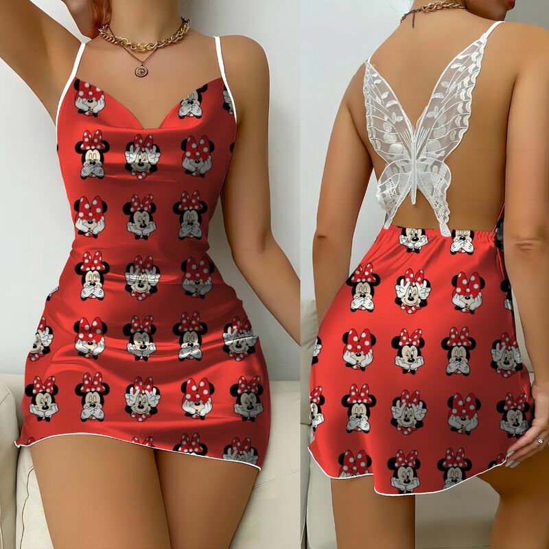 Gaun tanpa punggung rok piyama Gaun wanita Minnie Mouse permukaan Satin Disney busur simpul Mickey Fashion Musim Panas 2024 pesta Mini seksi