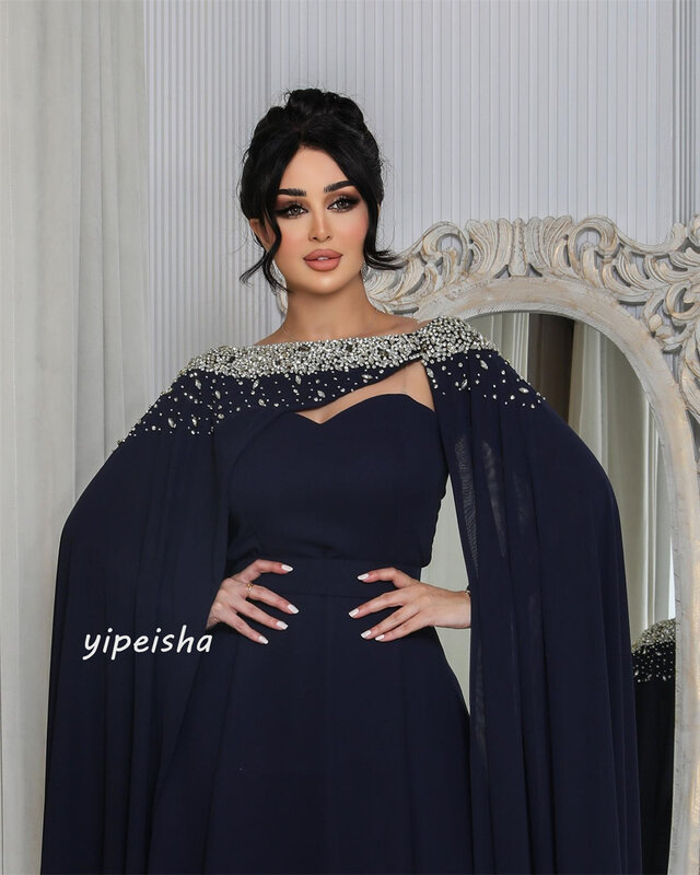 Ball Dress Evening Saudi Arabia Chiffon Beading Draped Pleat Birthday A-line Boat Neck Bespoke Occasion Gown Long Dresses