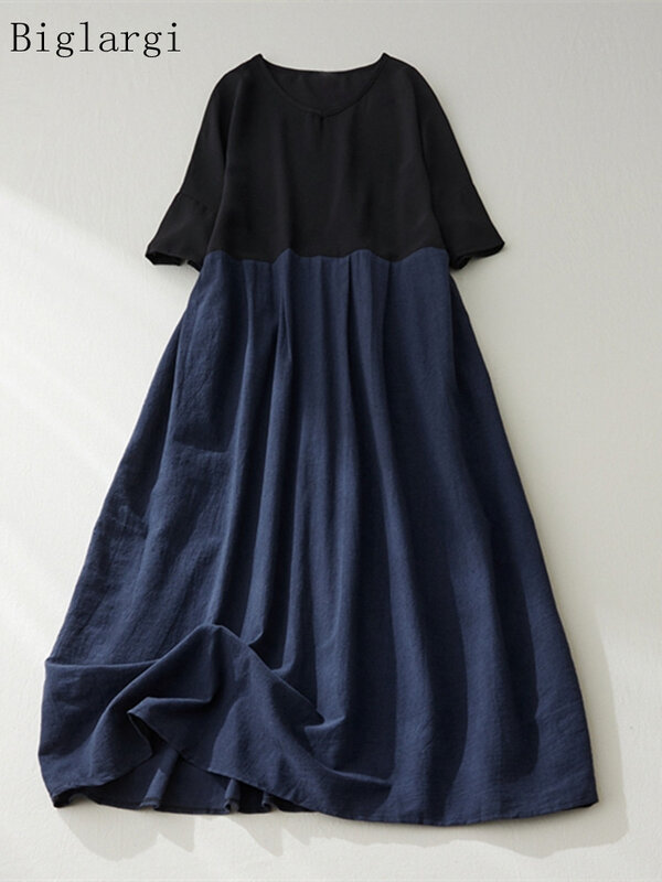 플러스 사이즈 여름 롱 드레스, 코튼 리넨 캐주얼 패션, 컬러 블록 숙녀 드레스, 느슨한 여성 드레스, 2023