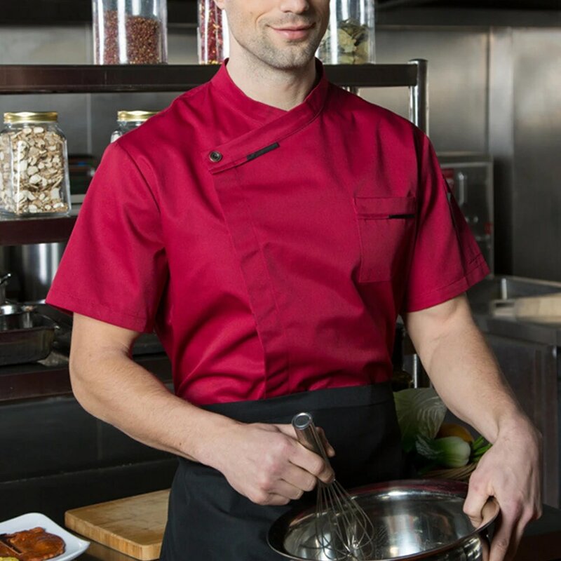Chef uniforme casual de trabalho masculino e feminino, camisa respirável de manga curta, trespassado duplo, absorvente de suor, cozinheiro