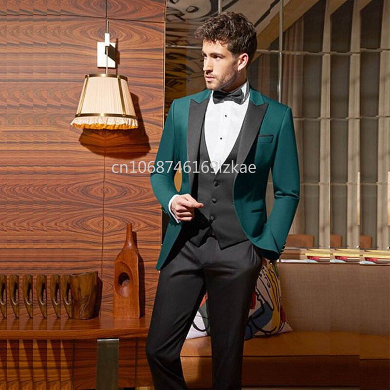 Trajes de boda para Hombre, chaqueta verde, chaleco negro, pantalones, 3 piezas, solapa de pico, Blazer elegante de un solo pecho