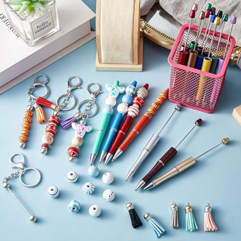 20Pcs Beaded Pens 20Pcs Beaded Keychain Rods, DIY Keychain Supplies Parts Kit With Tassels For Craft Projects