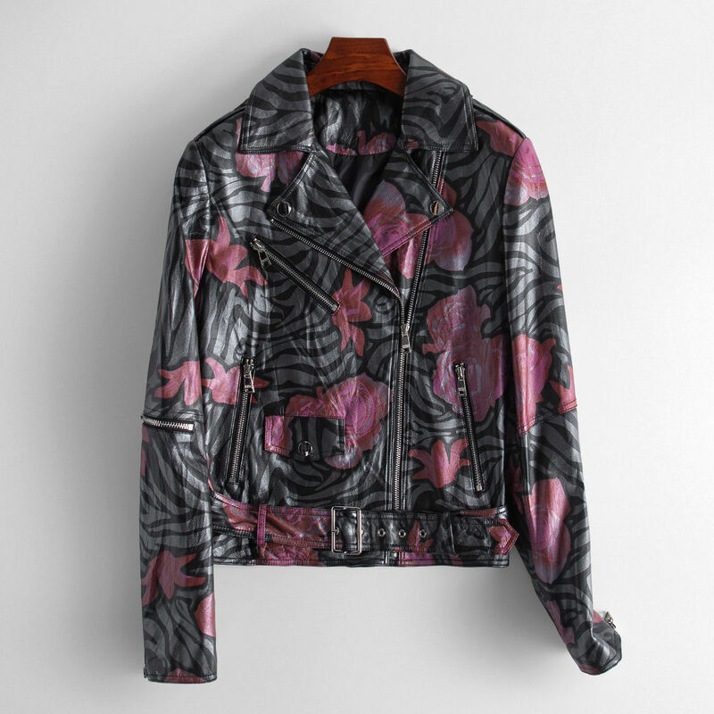 女性のための本革のオートバイのジャケット,シープスキンのファッショナブルなプリントジャケット,新しい春と秋