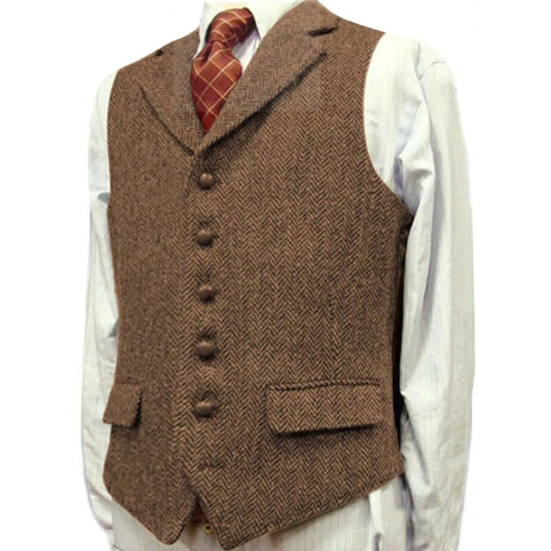 ชุดเสื้อกั๊กผู้ชาย Lapel V คอ Wool Herringbone Waistcoat Casual ธุรกิจอย่างเป็นทางการ Groomman สำหรับงานแต่งงานสีเขียว/สีดำ/สีน้ำตาล/สีเขียว/สีเทา