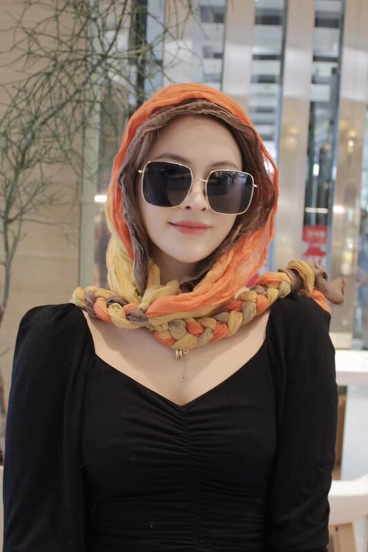 Damenmode Falten geflochtener Schal Kapuze ethnischen Stil Freizeit urlaub vielseitige hand gewebte multifunktion ale Sonnenschutz Stirnband