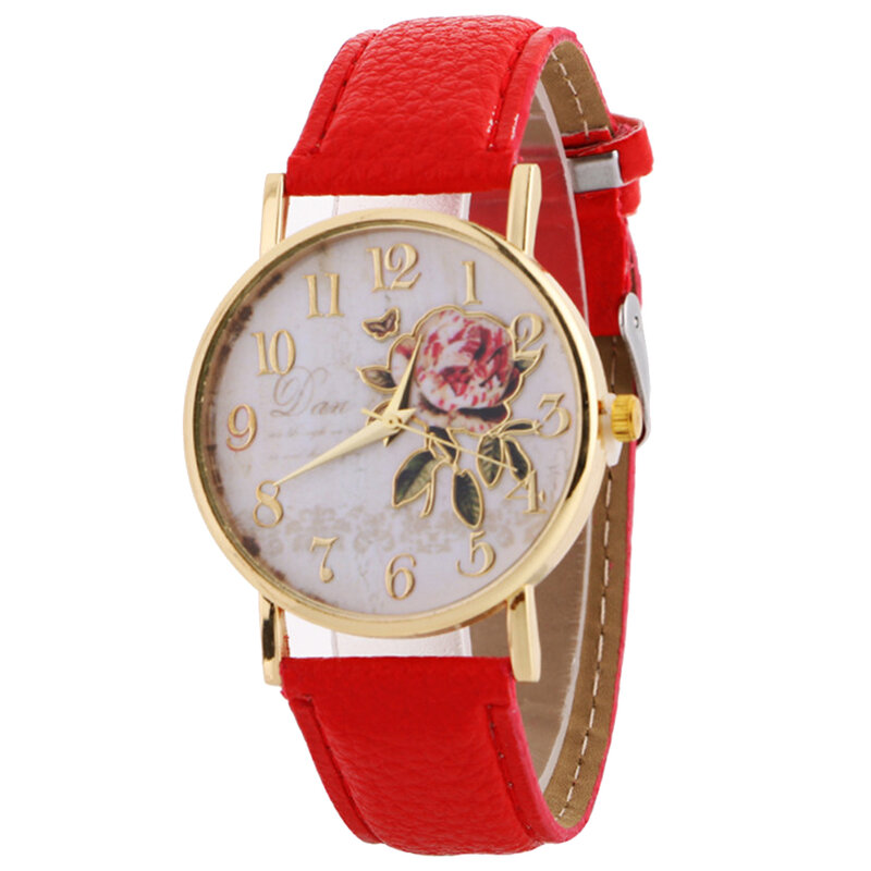 Montre-bracelet à quartz ronde avec fleur rose pour femme, bracelet en similicuir, montres élégantes avec numéro arabe, cadeau de Noël