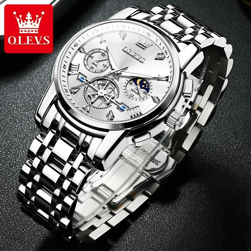 Olevs-メンズステンレススチールストラップクォーツ時計,腕時計,耐水性クロノグラフ,ムーンフェーズ,オリジナルブランド