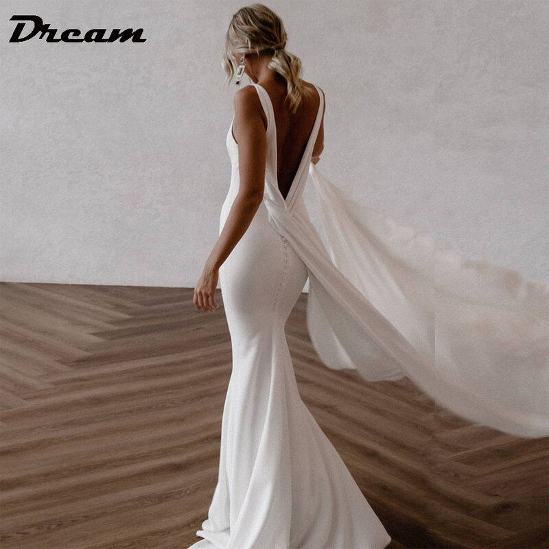DREAM-vestido de novia de cola desmontable con crepé y escote en V profundo, sin mangas con espalda abierta sencillo vestido de novia, elegante, 2024