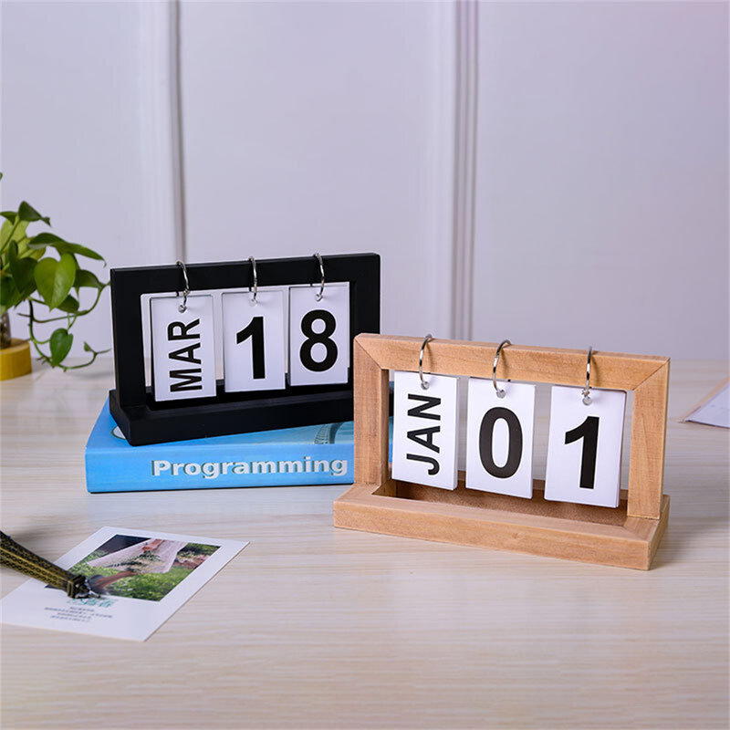 Wooden Perpetual Calendar Flip Month Date Display Desktop Schedule Daily Planner Office Home Decoration Photography Props