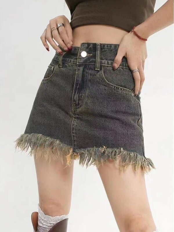 Vintage Denim Skirt Tassel Streetwear Women's Summer Mini Skirts Korea Style Women Punk Harajuku Y2K Skirt 2023