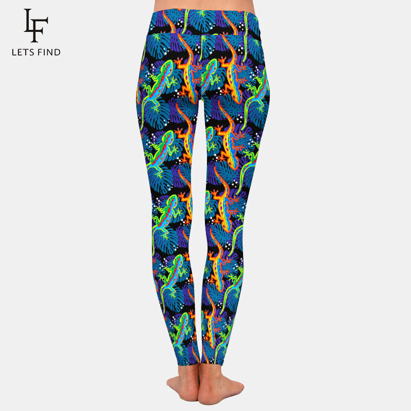 LETSFIND 2020 New Womens  Fashions Pants 3D Exotic Tropical with Lizards and Leaves Print High Waist Elastic Leggings