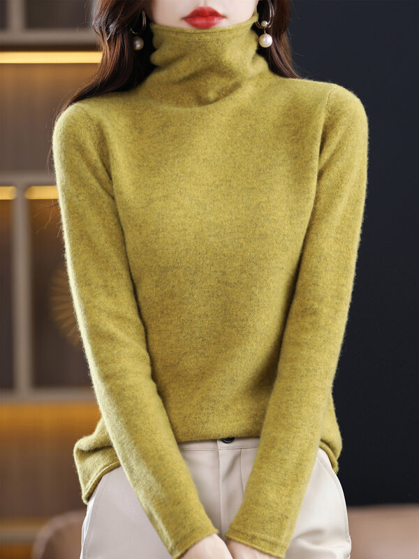 New 100% Merino Wool Women's Turtleneck Pullover Sweater For Autumn Winter Pure Color Long Sleeve Basic Soft Knitwear Tops