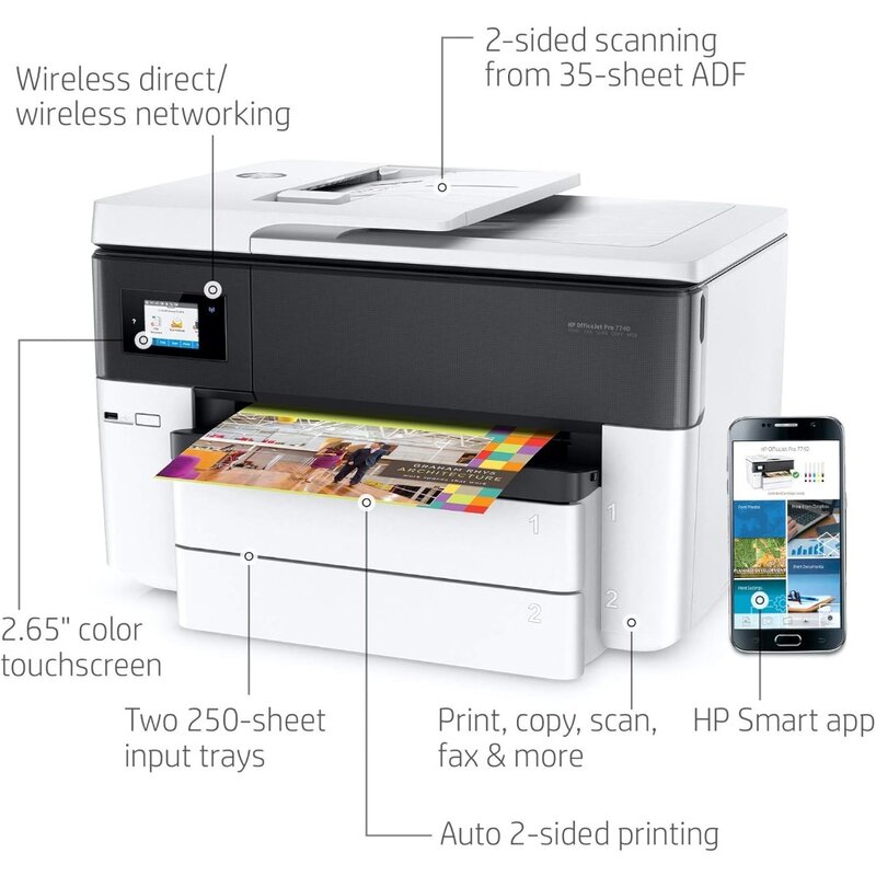 OfficeJet Pro 7740 Wide Format All-in-One Color Printer with Wireless Printing, Works with Alexa (G5J38A), White/Black