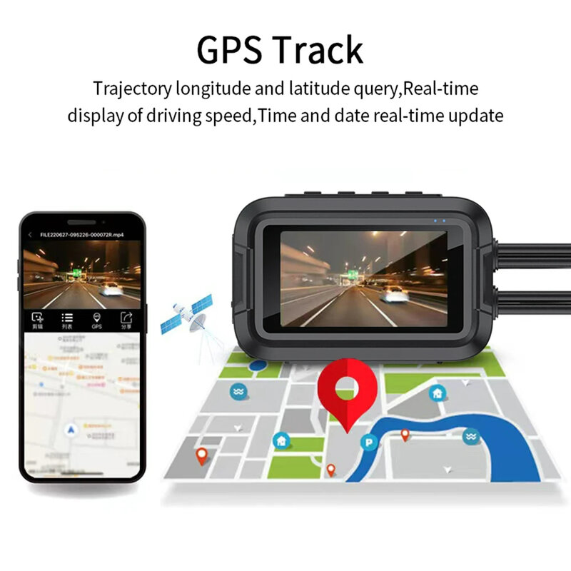กล้องติดรถมอเตอร์ไซด์2เลนส์1080P 3นิ้ว IPS กันน้ำ WiFi GPS Dash CAM ด้านหน้าด้านหลังเครื่องบันทึกวีดีโอขับรถสีดำ