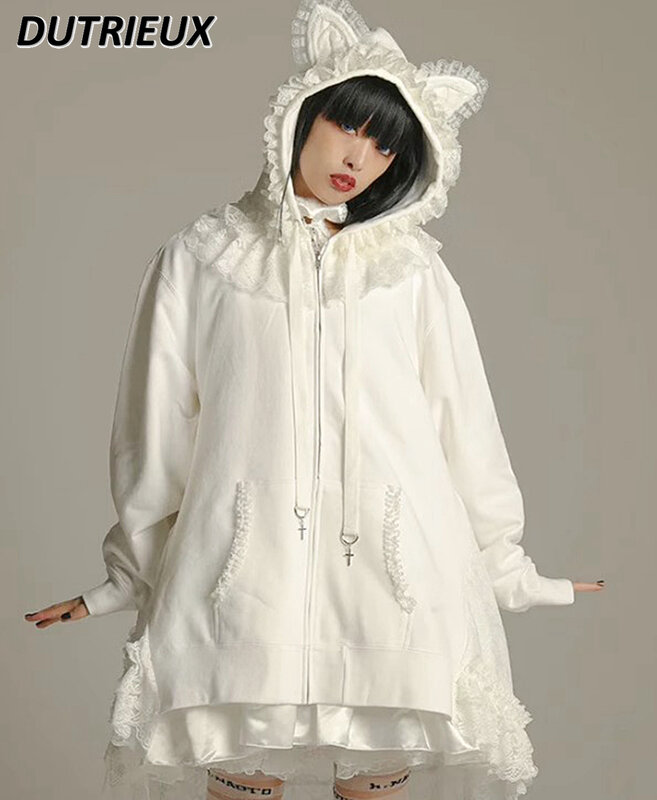 Sudadera con capucha de orejas de gato de estilo japonés para mujer, abrigo de encaje apilado, cárdigan con cremallera, ropa de abrigo dulce, sudadera de manga larga