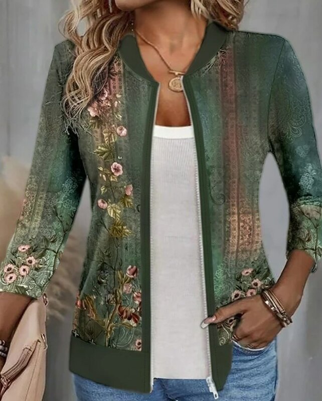 여성용 플로럴 프린트 지퍼 디자인 재킷 코트, 가을 의상, 2023 가을, 겨울, 용수철, 신상 패션