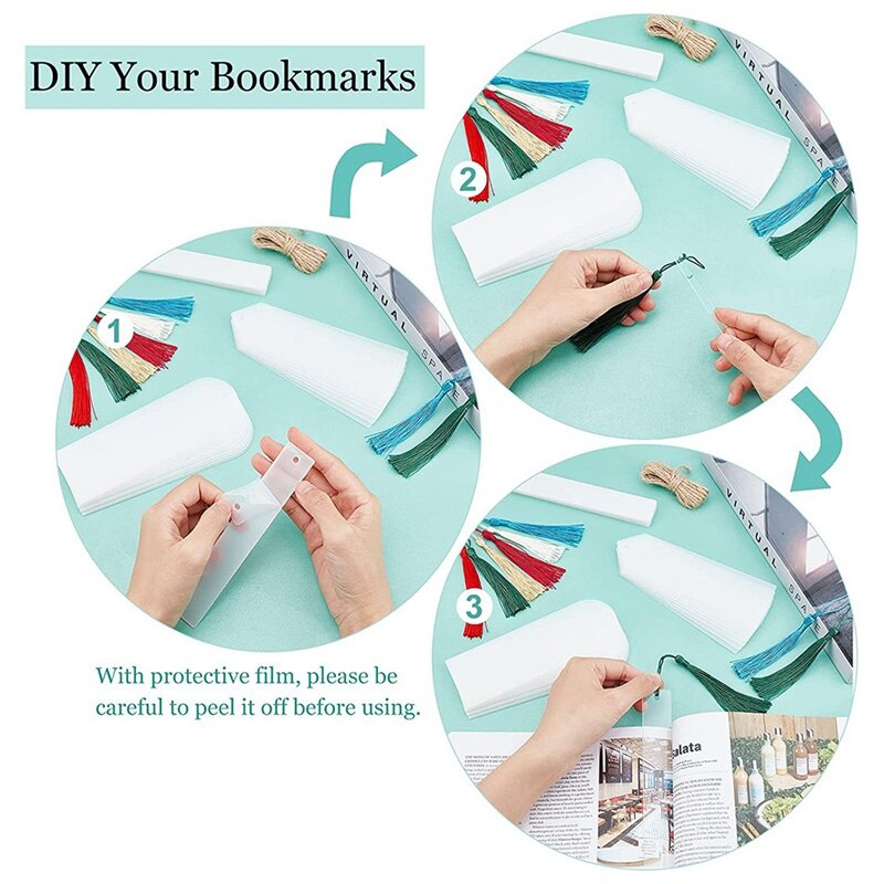 30PCS Blank Acrylic Bookmark Clear Bookmarks Blank Bookmark With Colourful Bookmark Pendant For DIY Gifts Tags