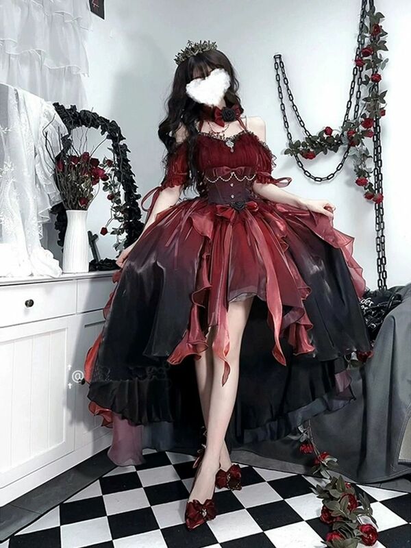 Czerwona róża zamężna kostium w stylu lolity kostium na Halloween Pompadour sukienka księżniczki nieregularne krawędzie