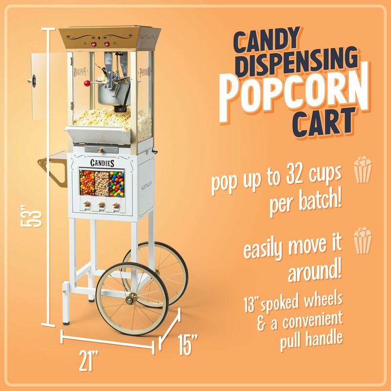 Machine à pop-corn vintage, chariot professionnel avec bouilloire de 8 oz, machine à pop-corn, style cinéma, prend jusqu'à 32 standards