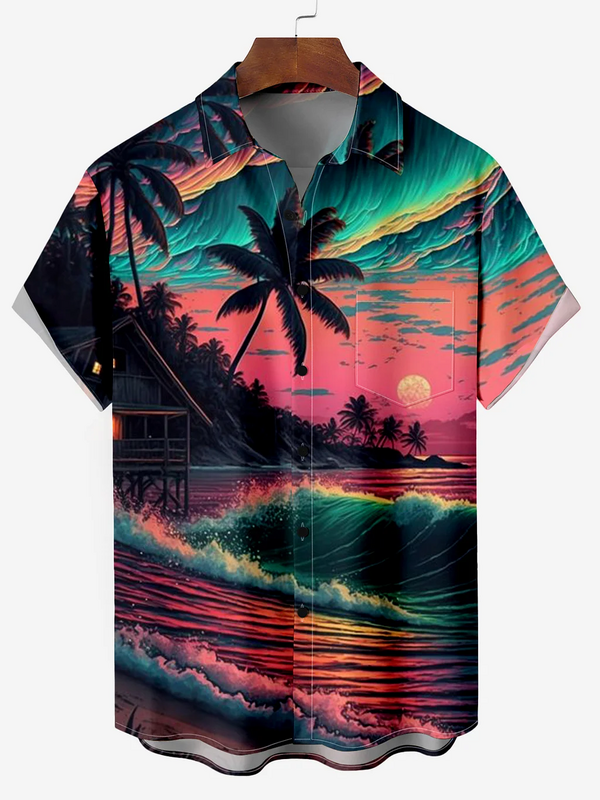 Camisa hawaiana con estampado 3D de cocoteros para niños, camisa informal de manga corta con cuello vuelto, camisas sueltas de verano, 2024