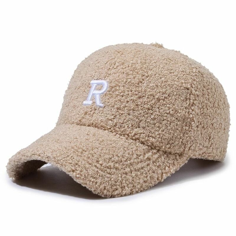 Topi bisbol bordir R gaya Korea, topi bisbol bulu domba luar ruangan, topi puncak huruf bergaya Korea Retro