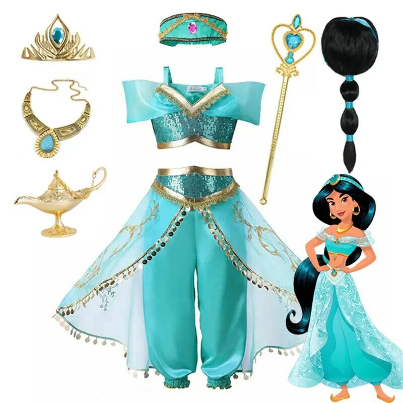 Disney Jasmine Princess Dress para meninas, Carnaval Cosplay, Aladdin e Agic Lâmpada, Halloween Costume, Conjunto de Roupas, Aniversário