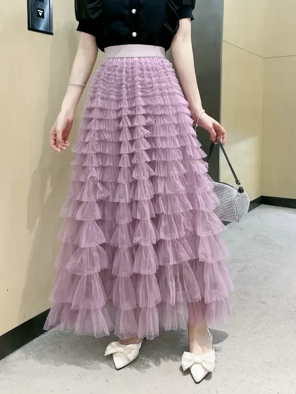 Women Casual Tulle Skirts One Size Mid-Long Length Tutu Fairy Tiered Skirt A Line Mesh Elastic Natural Waist Skirts Dating Gifts
