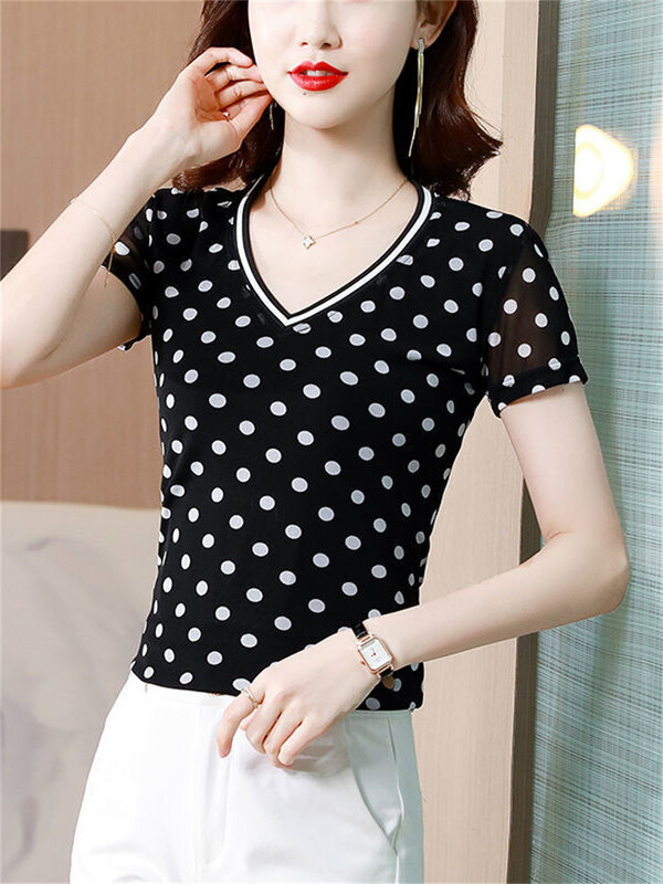 5XL Women Spring Summer Blouses Shirts Lady Fashion Casual Short Sleeve V-Neck Collar Polka Dots Printing Blusas Tops G2152
