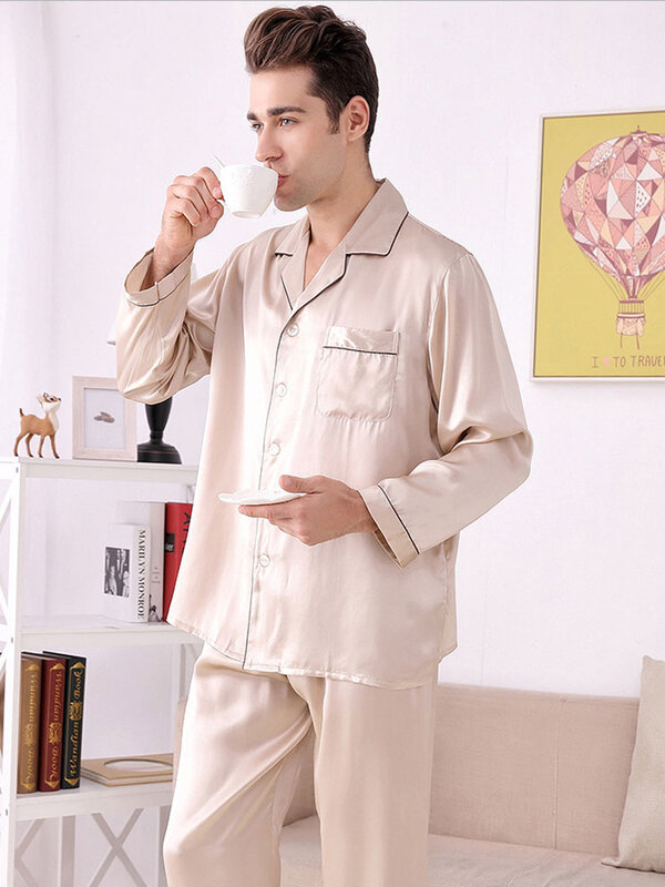 Nova chegada natural crepe de seda cetim manga longa com decote em v loungewear masculino, 100% conjuntos de pijama de bolso de seda, pijamas de seda
