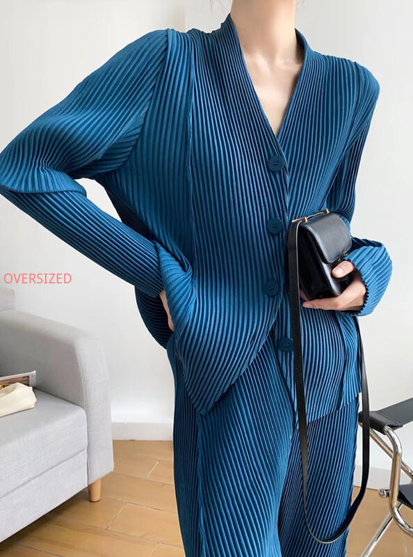 MIYAKE-Conjunto de 2 piezas para mujer, chaqueta tridimensional plisada sin cuello, pantalones Tapered plisados neutros japoneses