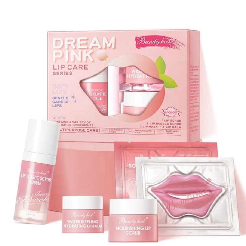 Draagbare 5 Dozen Natuurlijke Roze Lip Huidverzorging Kit Set Lip Scrub Exfoliërende Hydraterende Hydraterende Lip Masker Lippenbalsem Stok Groothandel