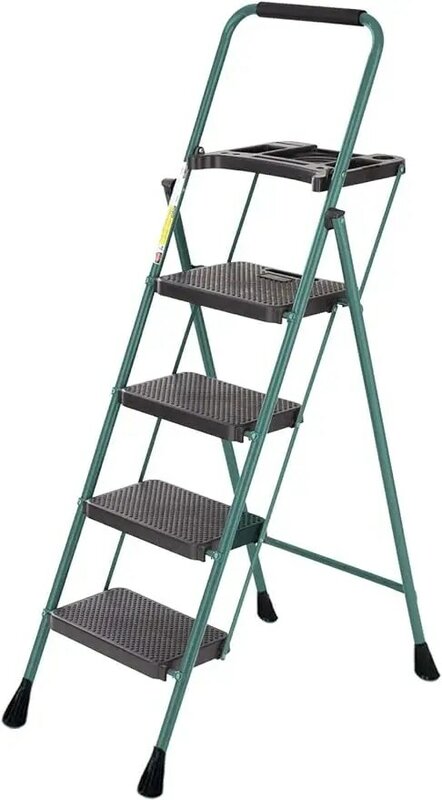 4 Step Folding Ladder with Wide Anti-Slip Pedal Portable Lightweight Foldable Ladders Steel Step Stool with Tray with Non-Slip