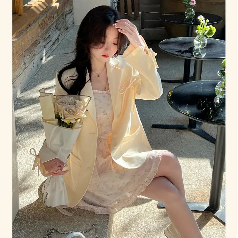 Блейзер с лацканами на шнуровке в Корейском стиле, красивое женское облегающее пальто на осень, повседневная куртка с длинным рукавом, модная женская одежда