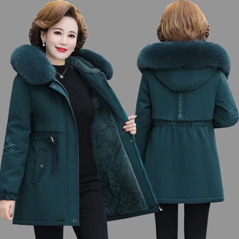 Middle aged mother Parka Women Detachable Hooded Cotton Jacket Autumn Winter New Plush Thick Coat Medium length Casual Overcoat