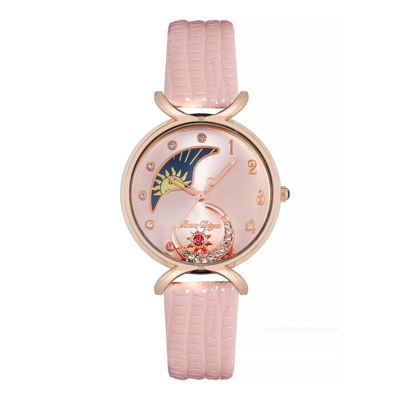 Jam tangan kuarsa mewah untuk wanita, arloji bulan elegan dengan berlian kasual kulit, jam tangan kreatif untuk wanita