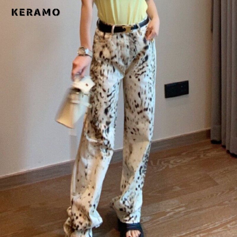 Pantalones vaqueros holgados de pierna ancha para mujer, pantalón holgado informal de estética Harajuku, estampado de moda, cintura alta, verano 2024