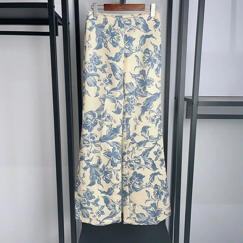 Damskie długie spodnie z bocznym zamkiem błyskawicznym, luźne 2024, wiosenne nowe spodnie z nadrukiem w stylu vintage