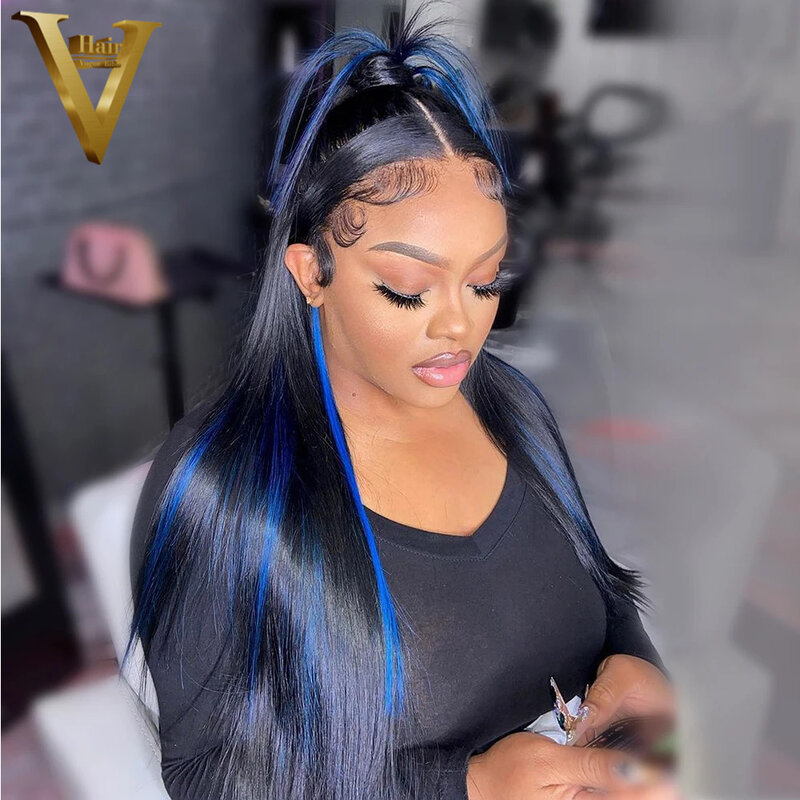Highlight Black With Blue Straight Wig Glueless Brazilian Virgin Human Hair Wigs Preplucked Hairline Transparent Lace Front Wig