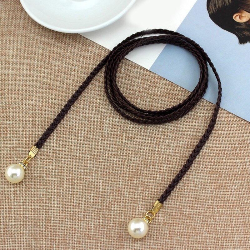 Braided Waist Rope Summer Female Belt White Pearl Decors Colorful Knot Thin Belt