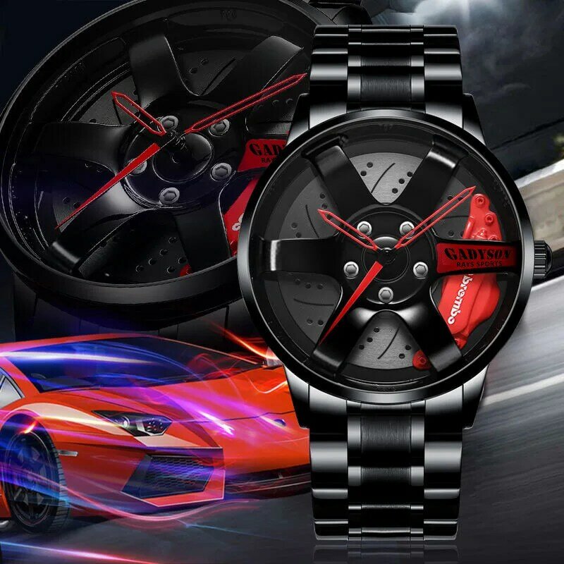 Новинка 2024, модные мужские часы с колесом, Черные Водонепроницаемые мужские кварцевые часы в стиле колес со стальной полосой