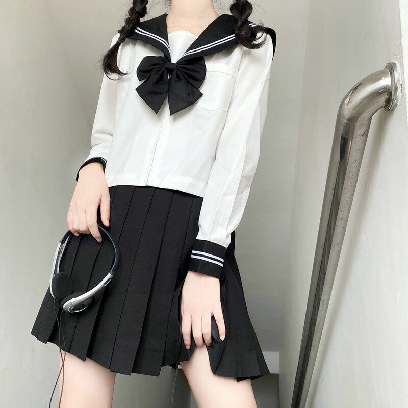 Uniforme escolar japonés JK para niña y mujer, conjunto de uniforme de marinero de color negro, básico de dibujos animados, azul marino