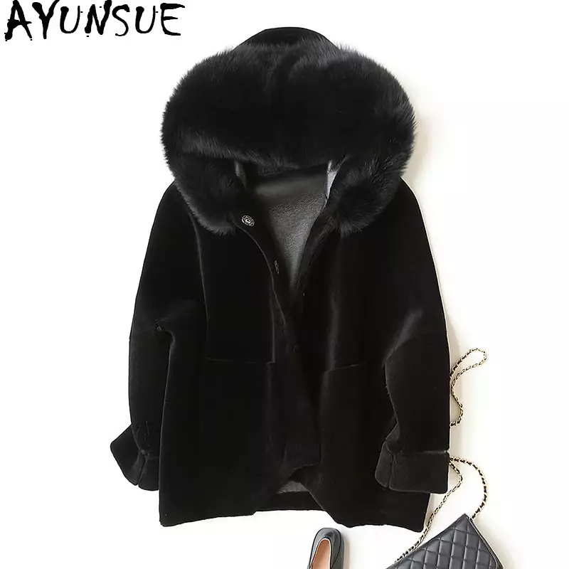 AYUNSUE 2020 Casual de oveja vaporosa abrigos de invierno abrigo Real lana mujer chaqueta de cuello de piel de zorro con capucha 17405 WYQ1164