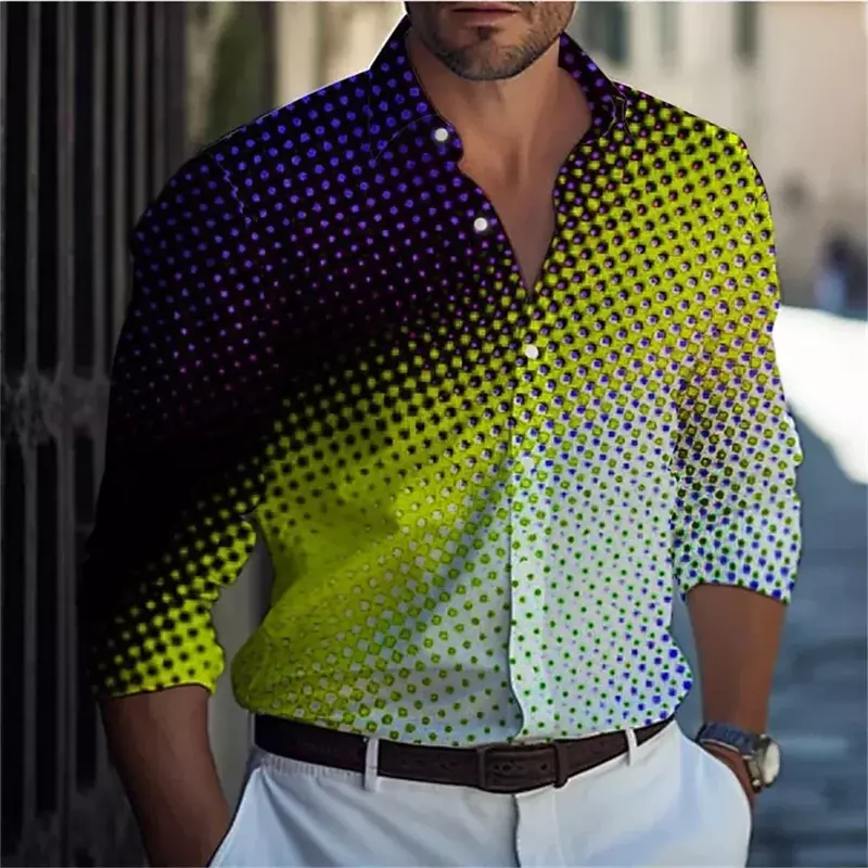 เสื้อคอปกมีกระดุมพิมพ์ลายเรขาคณิตไล่ระดับสีของผู้ชายดีไซน์แฟชั่นแนวสตรีทผ้านุ่มสบาย