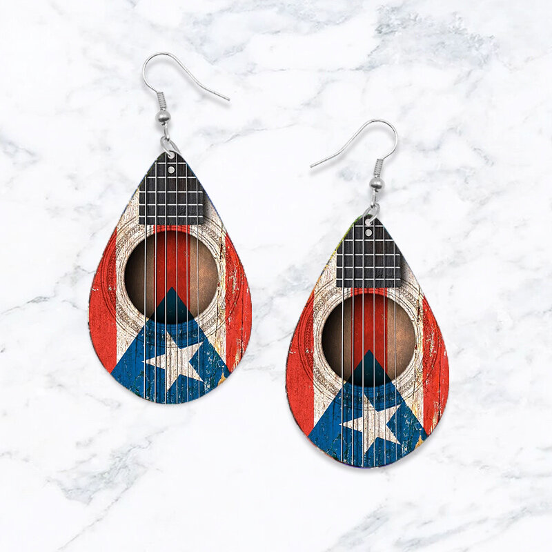 American National Flag Wooden Drop Earrings Celebrate Independence Day Colorful Summer Vacation Earrings,Camouflage Guitar Print